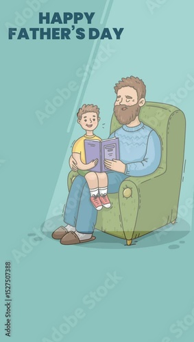 Father’s Day Animation with Dad Reading to Son – Heartwarming Cartoon Style Greeting Showing Family Bonding in Cozy Armchair Scene