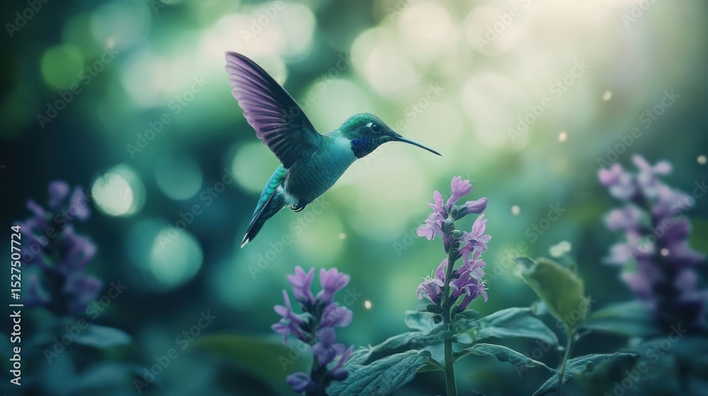 Fototapeta premium A hummingbird in flight, amidst purple flowers. Soft focus, dreamy colors