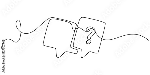 Continuous line question mark drawn single black line One line drawing vector illustration, Speech bubbles with question and exclamation mark continuous one line drawing. Chat linear symbol. Dialogue