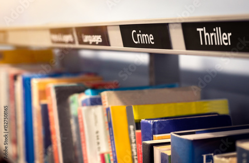 Crime and thriller book novels stacked on fiction shelf under categories. Reading library or bookstore scene depicting storybooks by various authors.