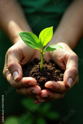 Green sprout in cupped hands, lush background, save planet, environmentally, planet earth