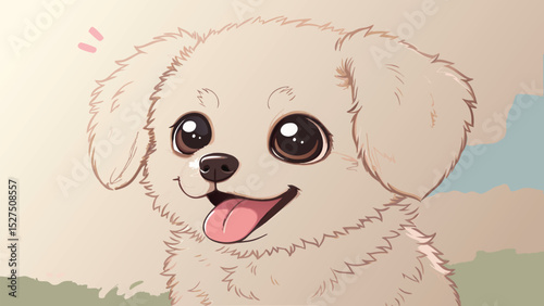 Kawaii style baby puppy face with floppy ears, big sparkly eyes, and a pink tongue sticking out cute cartoon dog vector illustration isolated on a white background.
