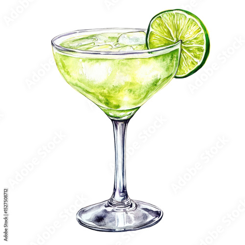 Watercolor Illustration of Margarita Cocktail Glass with Lime Slice Isolated on White Background