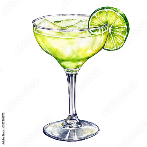 Watercolor Illustration of Margarita Cocktail Glass with Lime Slice Isolated on White Background
