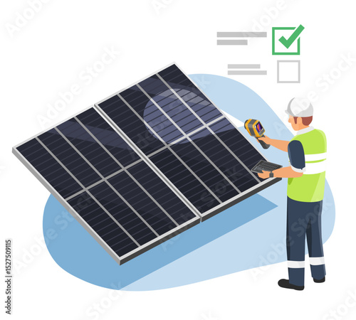 Engineer inspecting solar panels using a handheld thermal camera to detect hotspots and ensure optimal performance in a renewable energy system isometric