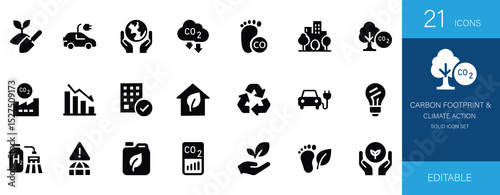 Explore carbon footprint, renewable energy, eco-friendly, netzero, sustainable, climate, and technology icons. Perfect for business, environment, and future-focused projects
