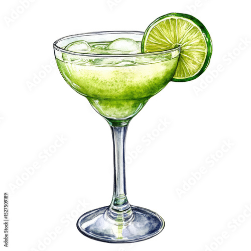 Watercolor Illustration of Margarita Cocktail Glass with Lime Slice Isolated on White Background