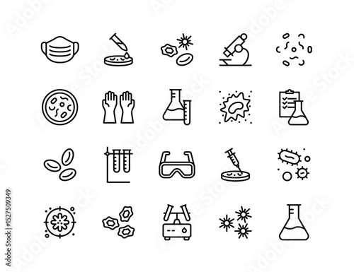 Laboratory Vector Icon Set | Adjustable Line Weight | Microscope, mask, bacteria, test tube, syringe, gloves, petri dish, experiment, health, biology, germs, research icons