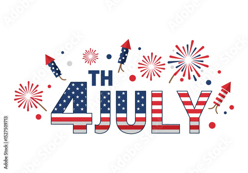 Vector flat style 4th of July Fireworks Typography Design – USA Independence Day Celebration with Patriotic Elements