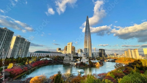 Panoramic view of Lotte World Tower in autumn.