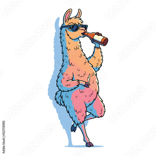 Cool Cartoon Llama Drinking and Smoking, Vector Illustration, Funny Animal Character
