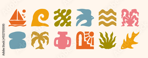 Boho Summer Icons in Retro Style. Groovy Geometric Bird, Sun, Sea Wave, Palm Tree and Flower. Vector Abstract Square Tropical Illustrations in Freehand for Logo, Patterns, Print, Stickers