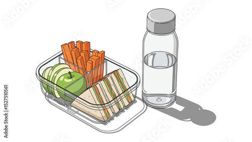 Healthy lunch box with apple, carrots, sandwich, and water bottle, illustration style