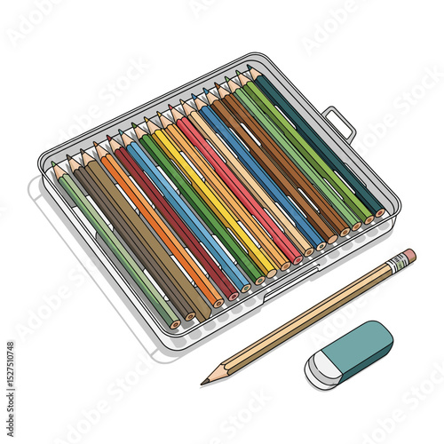 Illustration of colored pencils in a transparent tray with pencil and eraser, art supplies