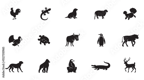Set of black silhouettes of various animals wildlife fauna collection isolated on white