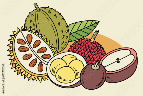 Tropical fruit illustration durian lychee and more