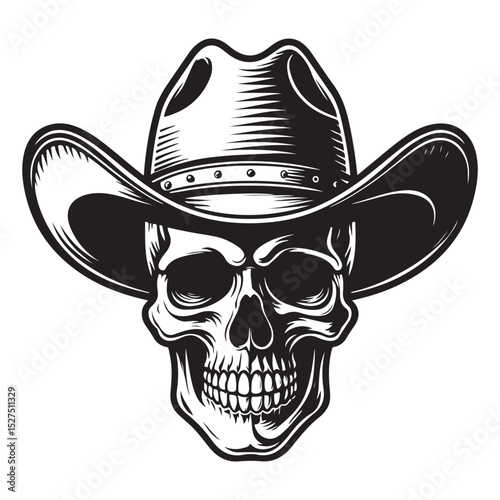 Black and white vector illustration of a cowboy skull wearing a western hat