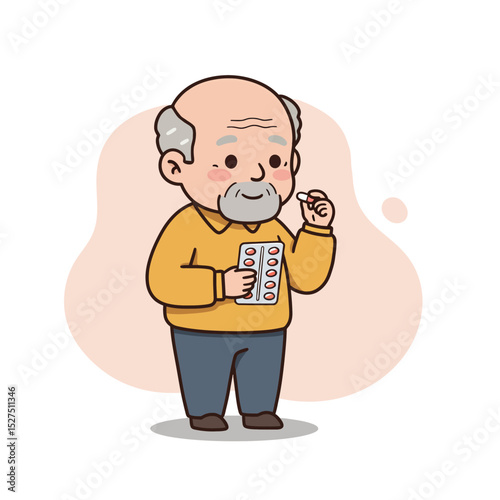 Senior man taking pills while holding a medication packet indoors  
