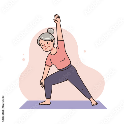 Senior woman doing yoga exercise with a smile on a mat  