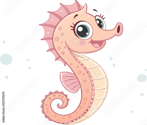 Smiling seahorse cartoon face with a curly tail and bubbly eyes pastel vector sea animal illustration isolated on a white background.
