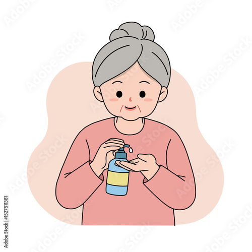 Senior woman moisturizing hands with lotion in a cozy setting  