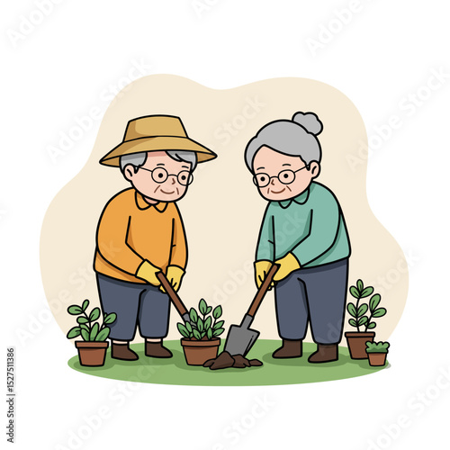 Active elderly gardening together while planting in the backyard  