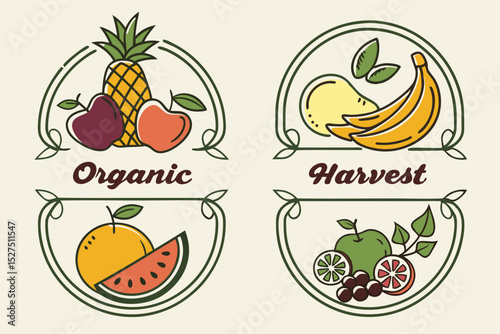 Organic fruit harvest line art illustrations