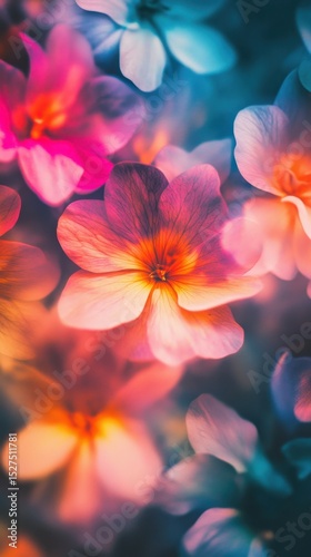Vibrant close-up of multi-colored petals in a dreamy floral arrangement