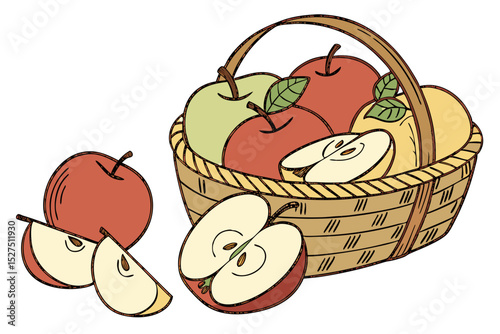 Basket of apples and apple slices illustration