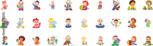 Cute Cartoon Baby Characters Playing with Toys, Vector Set for Kids,colorful collection of cartoon baby characters playing with toys, musical instruments, and learning items