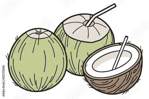 Refreshing coconut drinks with straws illustration