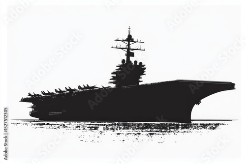 Silhouette of a naval aircraft carrier on calm waters during sunset, showcasing its large structure and flight deck with jets ready for takeoff