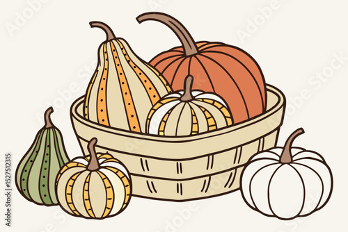 Autumn harvest pumpkins and gourds in a basket
