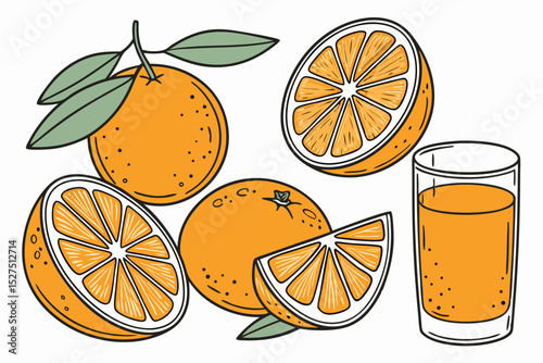 Fresh oranges and a glass of orange juice