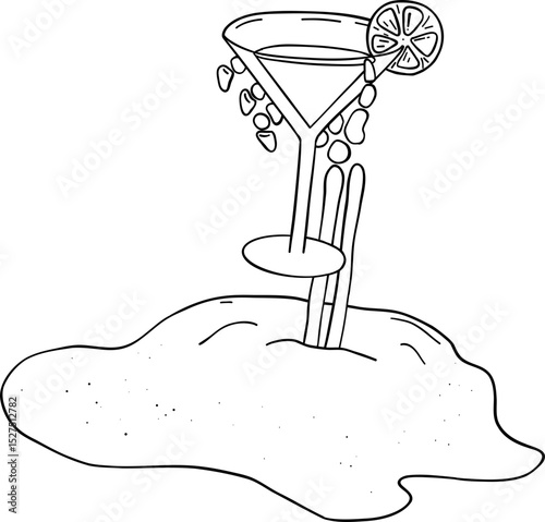 Martini glass with lemon slice held by a skeleton's hand emerging from the sand, simple black line art with playful and minimalistic style