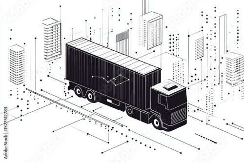 Truck delivering goods through an urban landscape filled with towering buildings and digital connections to logistics at dusk