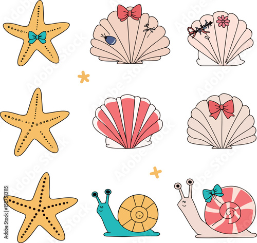 Cute Sea Creatures and Shells Illustration