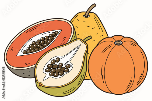 Halved papaya pear and pumpkin illustration