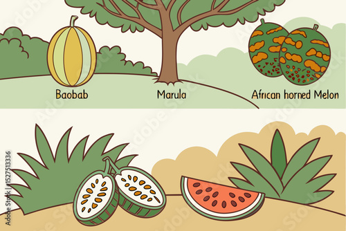 African fruits illustration baobab marula and more