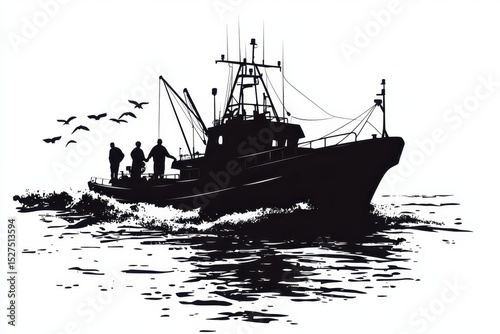 Fishing boat navigates the waves with crew at sunrise while birds fly in the background near the coast