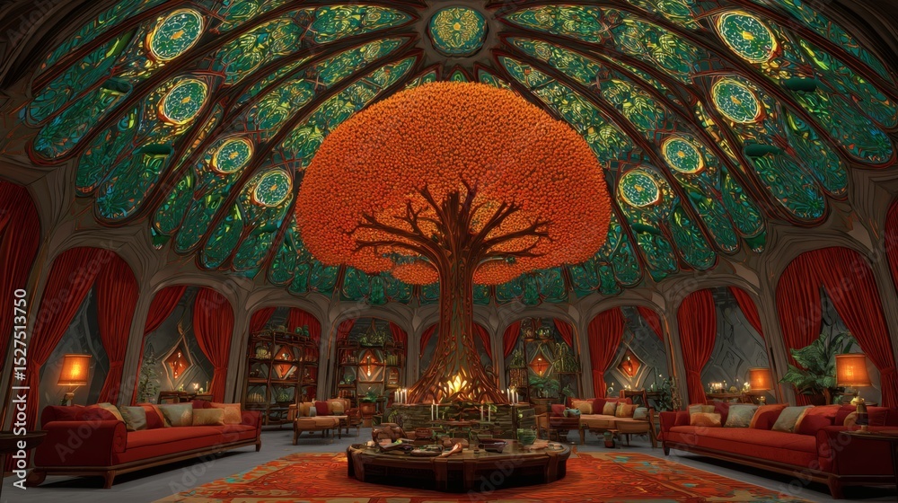 Obraz premium Tree in Stained Glass Dome Room with Sofas