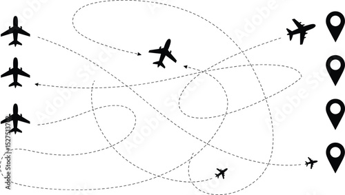 Airplane flight paths, aviation route concept, vector illustration, travel destination icons, jet trajectory design, global air traffic, journey lines