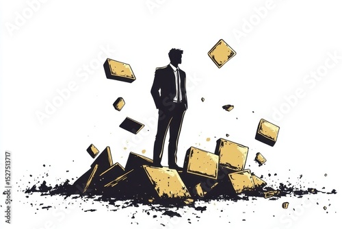 Business professional stands confidently amidst crumbling blocks representing challenges and resilience in a dynamic environment of change and growth