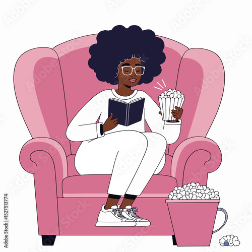 Woman Relaxing in Armchair with Popcorn