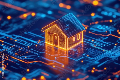 Digital home model illuminated by network connections highlighting technology integration in modern housing solutions