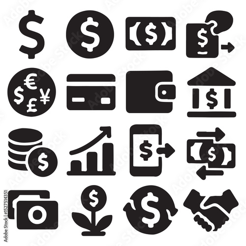 Finance and business black color icon set with money currency and communication symbols