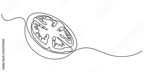 tomato slice continuous one line drawing, Continuous one line drawing of fresh tomato. A whole and slice tomatoes in single line draw illustration. Editable stroke. tomato halves isolated on white.