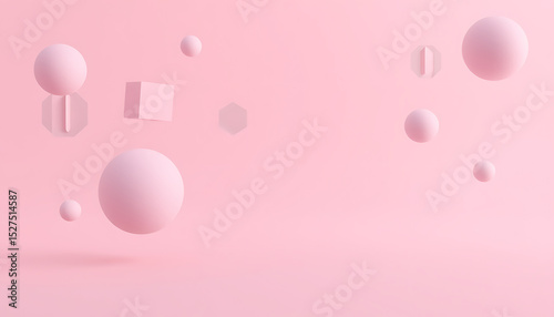 Abstract Minimal Backdrop with Floating Pink Shapes and Spheres