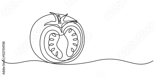 tomato slice continuous one line drawing, Continuous one line drawing of fresh tomato. A whole and slice tomatoes in single line draw illustration. Editable stroke. tomato halves isolated on white.