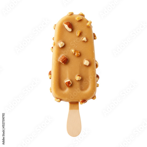 Delicious ice cream bar coated with caramel and nuts, isolated on a clean background
